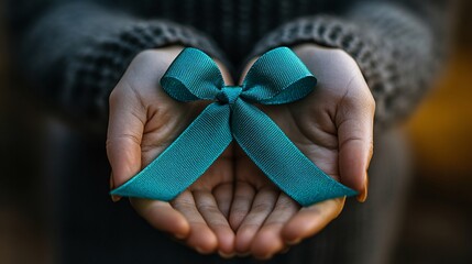 Teal ribbon on a woman's hand symbolizing ovarian cancer and PCOS awareness, representing health advocacy and support.