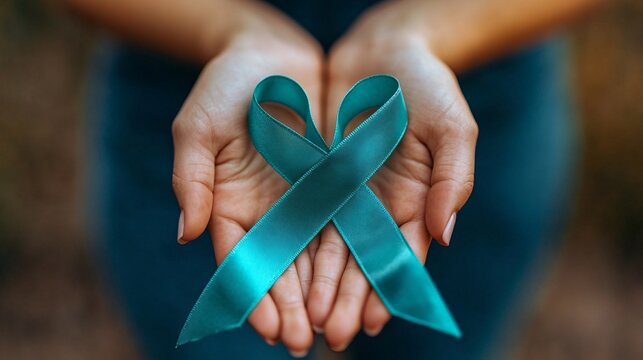 Teal ribbon on a woman's hand symbolizing ovarian cancer and PCOS awareness, representing health advocacy and support.