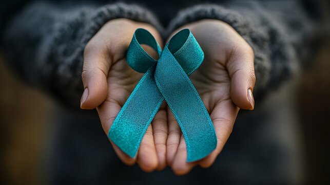 Teal ribbon on a woman's hand symbolizing ovarian cancer and PCOS awareness, representing health advocacy and support.