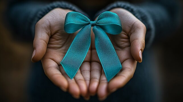 Teal ribbon on a woman's hand symbolizing ovarian cancer and PCOS awareness, representing health advocacy and support.