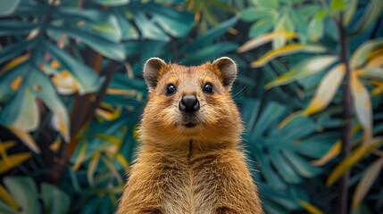 A Quokka with an abstract jungle background, lush greens and vibrant tropical patterns, evoking a sense of exotic wonder, hd quality, natural look. --ar 16:9 --v 6.0 --s 250 --style raw