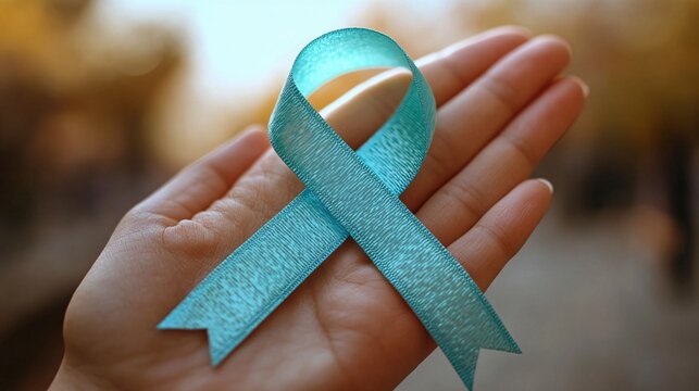 Woman’s hand holding a teal ribbon, symbolizing awareness for ovarian cancer and PCOS, emphasizing health and advocacy.