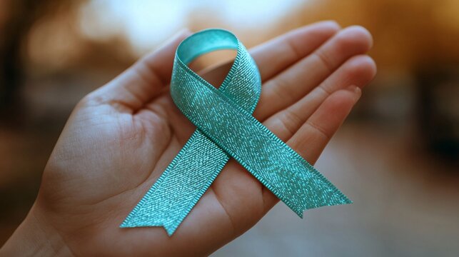 Woman’s hand holding a teal ribbon, symbolizing awareness for ovarian cancer and PCOS, emphasizing health and advocacy.
