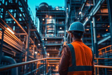 Fototapeta premium Scenery view of Chemical engineer in factory with pipeline design, 
