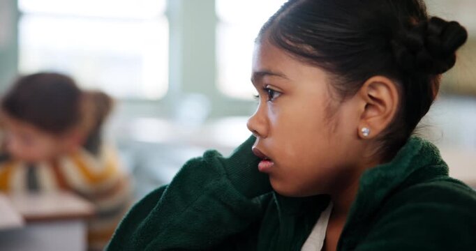 Bored, education and idea with student girl in classroom for child development, learning or study. Problem solving, school and thinking with kid learner tired with fatigue, burnout and exam brain fog