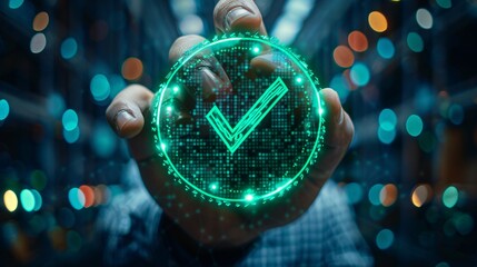 Green check mark hologram held by a businessman, emphasizing compliance, certification, and audit concepts.