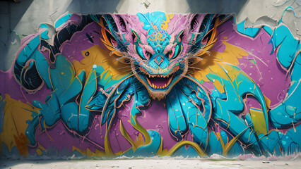 Multicolored Abstract Graffiti on the Wall, Multicolored Graphic Inscriptions on the Wall, Dragon, Woman, and Man Abstract Graffiti Wallpaper Background	