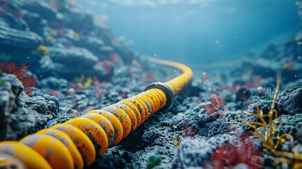 Submerged internet communication cable on the ocean floor. 3D visualization.
