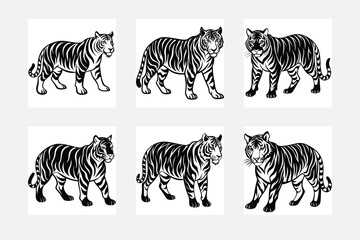 White background minimal Tiger silhouette design set
