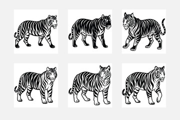 Minimal Tiger silhouette art white background set
