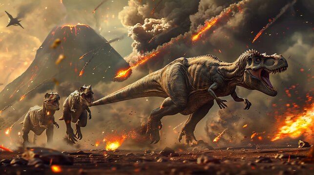illustration of the extinction of dinosaurs in pre-history, meteors, natural disasters, destruction