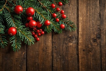  Christmas Evergreen Branches and Berries Over Rustic Wood Background