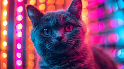 A Scottish Fold with an abstract neon background, vibrant lights and glowing patterns, creating a futuristic and energetic scene, hd quality, natural look. --ar 16:9 --v 6.0 --s 250 --style raw