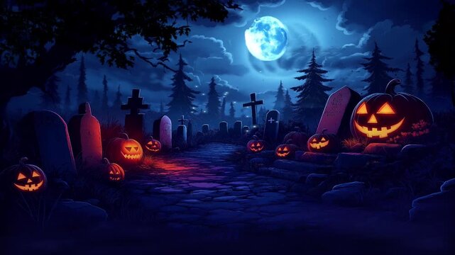 halloween pumpkin night scary in the graveyard, dark concept, cartoon or anime style animation looping video animated background
