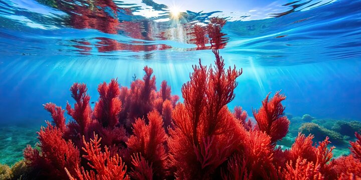 Red algae seaweed floating in vibrant blue ocean water, red algae, seaweed, ocean, marine, underwater, plant, aquatic