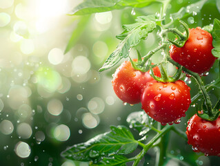 Cherry tomatoes on a branch in droplets of water. Neural network AI generated art