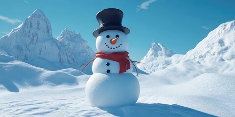 Obraz premium Classic Snowman in a Winter Wonderland with Majestic Snow-Capped Mountains