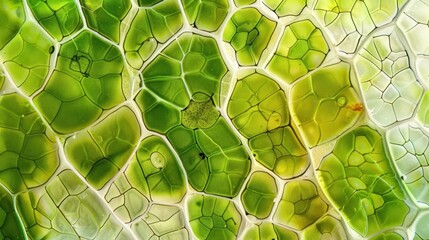 A close-up of a section of leaf showing chloroplasts and cellular structures under a microscope