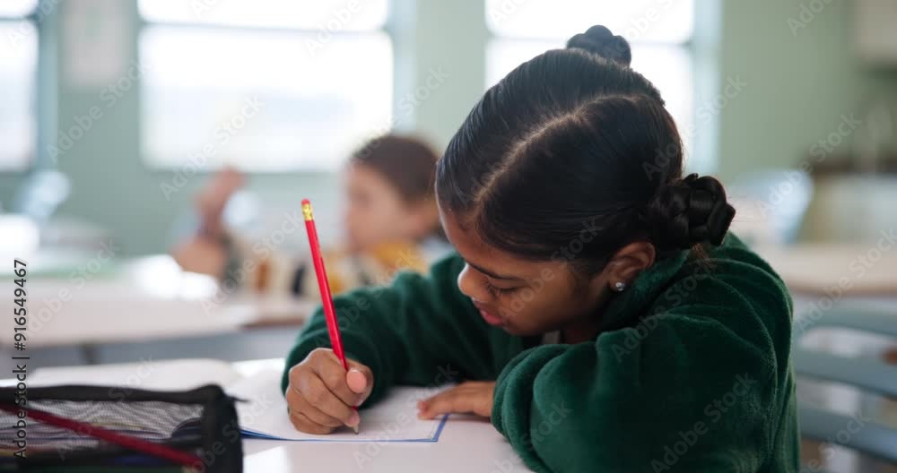 Poster girl, thinking and classroom for education at school with learning, knowledge and answers for inform