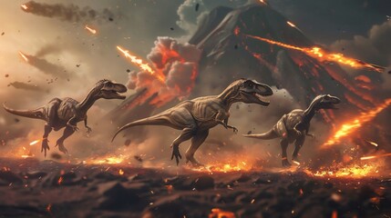 Fototapeta na wymiar illustration of the extinction of dinosaurs in pre-history, meteors, natural disasters, destruction