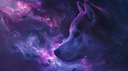 Fototapeta premium A Shiba Inu with an abstract cosmic background, swirling galaxies and stars in deep blues and purples, creating a mystical and otherworldly vibe, hd quality, natural look. --ar 16:9 --v 6.