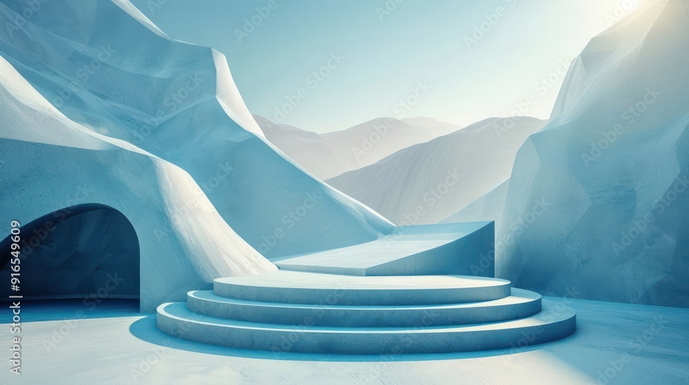 Poster a mountain range with a large, white structure in the middle