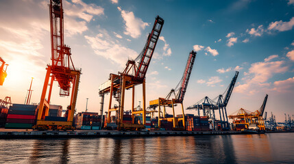 Fototapeta premium Cargo cranes at a busy port during sunset, reflecting on calm waters..