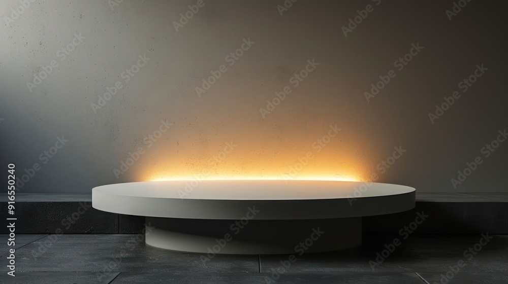 Poster A round table with a lighted edge sits in front of a wall