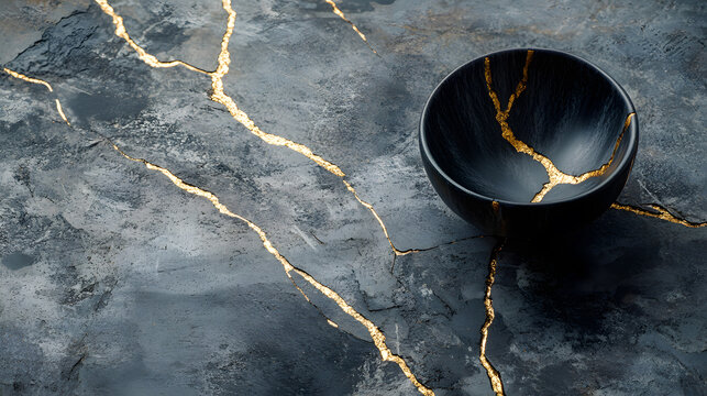 Dark kintsugi bowl with gold repairs, set on a textured surface..
