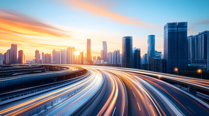 Obraz premium Dynamic city highway at sunrise with vibrant light trails.