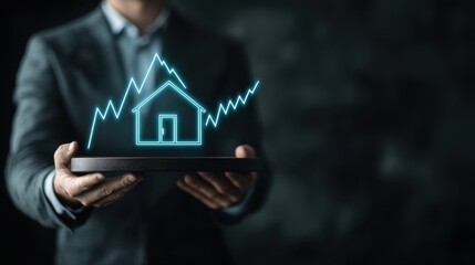 A businessman holding a floating tray with a glowing neon blue house icon and ascending market trend lines, dark background, minimalist concept of property market trends