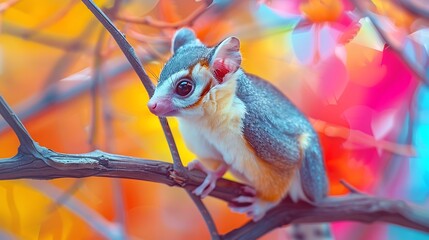 Fototapeta premium A Sugar Glider with an abstract geometric background, sharp lines and bright colors, creating a dynamic and modern composition, hd quality, natural look. --ar 16:9 --v 6.0 --s 250 --style raw