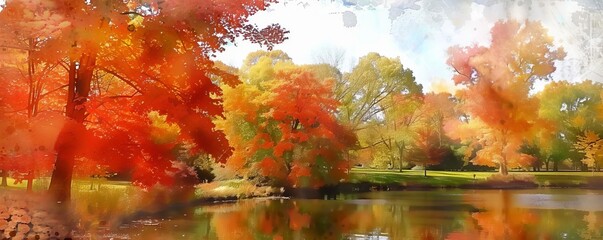 Autumn leaves reflected in a still lake.