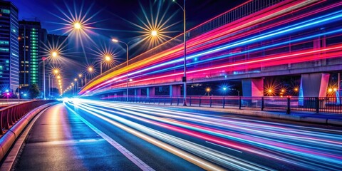 Fototapeta premium Bold colorful lines of light trailing behind cars at night , traffic, motion, blurred, colorful, streaks, driving