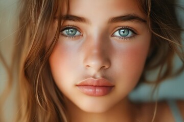 A close up of a woman with blue eyes.