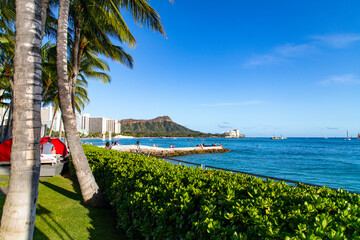 Waikiki Waterfront with Diamond Head at Hotels in the Background
