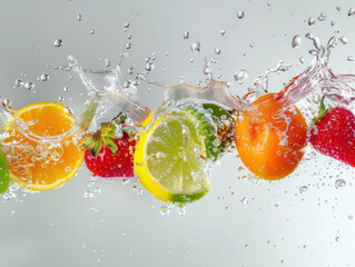 A close-up shot of various fruit, including orange, lemon, lime and strawberry, splashing into a bowl of water, creating a dramatic display of water droplets and bubbles.