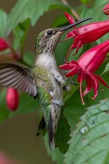 Fototapeta premium Graceful hummingbird sipping nectar from vibrant pink flower under shimmering sunlight