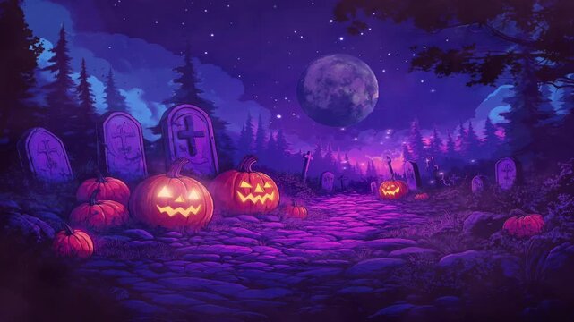 halloween pumpkin night scary in the graveyard, dark concept, cartoon or anime style animation looping video animated background