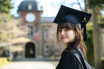 Graduation ceremony university concept. Photograph graduates in gown and cap on commencement day university background. Generative AI
