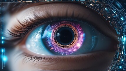 Hologram Holographic Eye of futuristic and Innovative Imagery AI and Automation use of artificial intelligence and automation in business processes, illustrating efficiency and productivity enhancemen
