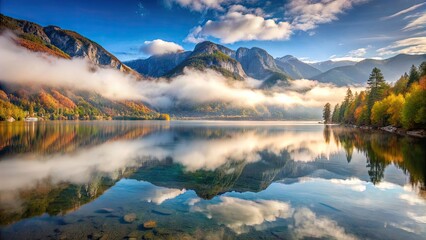 Obraz premium Thick fog enveloping Lake Bohinj in Triglav National Park, Julian Alps, Slovenia, Europe , fog, lake, Bohinj