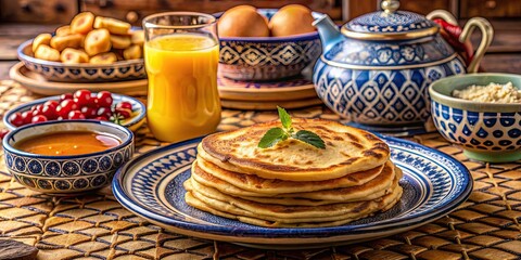 A delicious moroccan breakfast with a typical pancake , moroccan, breakfast, pancakes, traditional, cuisine, delicious, tasty