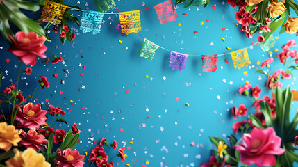  Mexican Fiesta design with blue isolated background, Festive background with colorful bunting balloons and confetti Ideal for celebrations parties ,copy space.