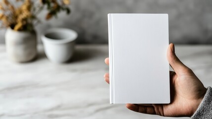Obraz premium Hand holding pristine white book with blank cover on minimalist background.