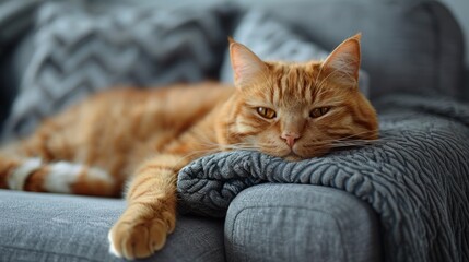 Ginger Cat Resting on a Sofa