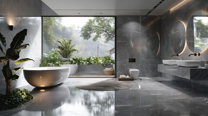 Modern Minimalist Bathroom with Freestanding Bathtub and Indoor Plants