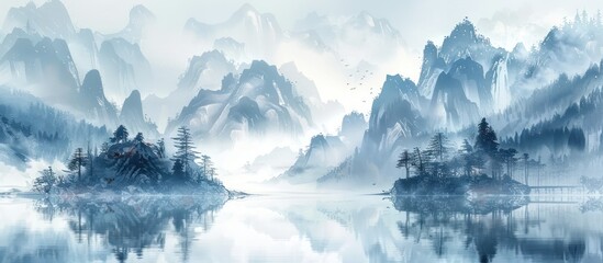 Serene Mountain Lake in a Misty Landscape