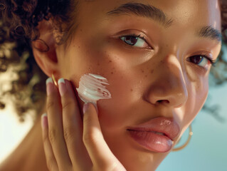 A close-up portrait of a woman applying moisturizer to her cheek.