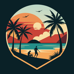 Golden Sunset Behind Silhouette Palm Trees or coconut trees on the Beach for t-shirt design  